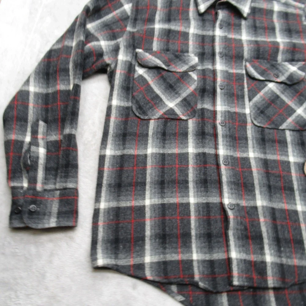 Sears Roebuck Shirt Mens Medium Gray Plaid Red Stripe Button‎ Wool Blend VTG 70s